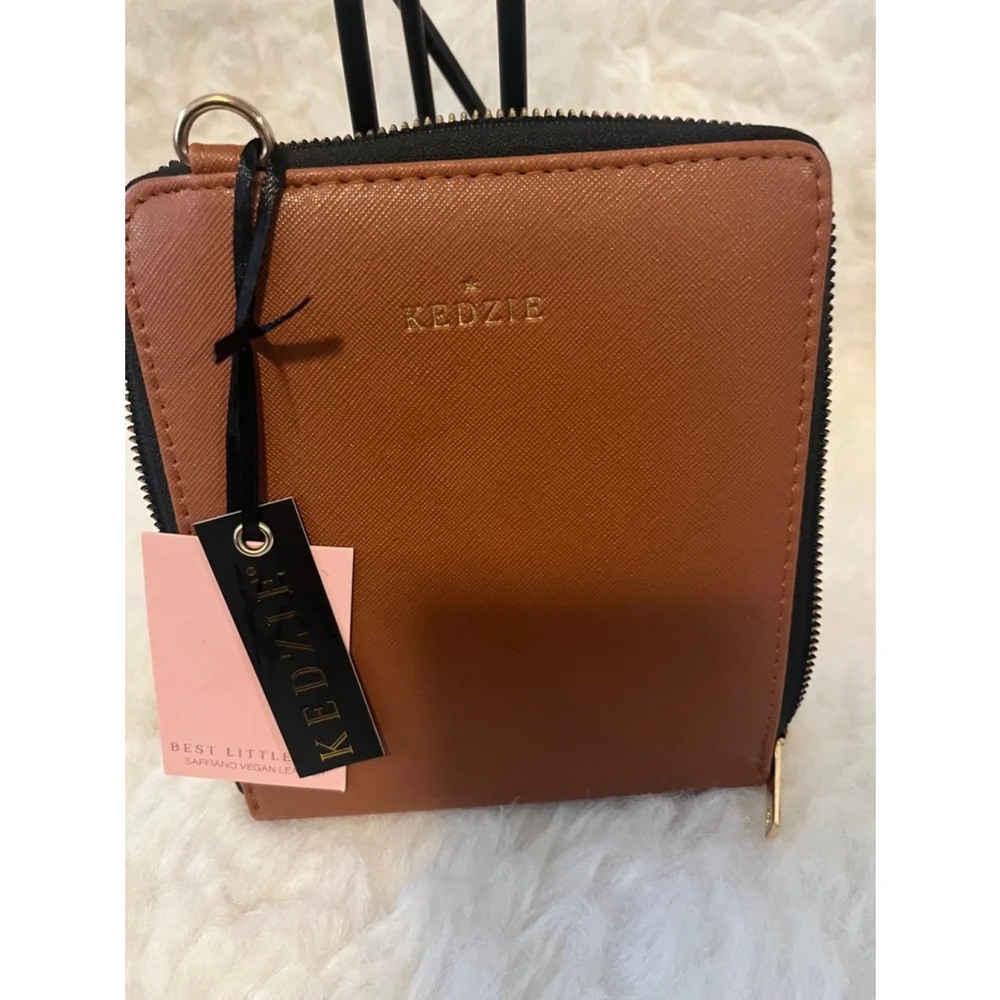 NWT Kedzie Brown Saffiano vegan leather and phone-friendly Crossbody bag Small